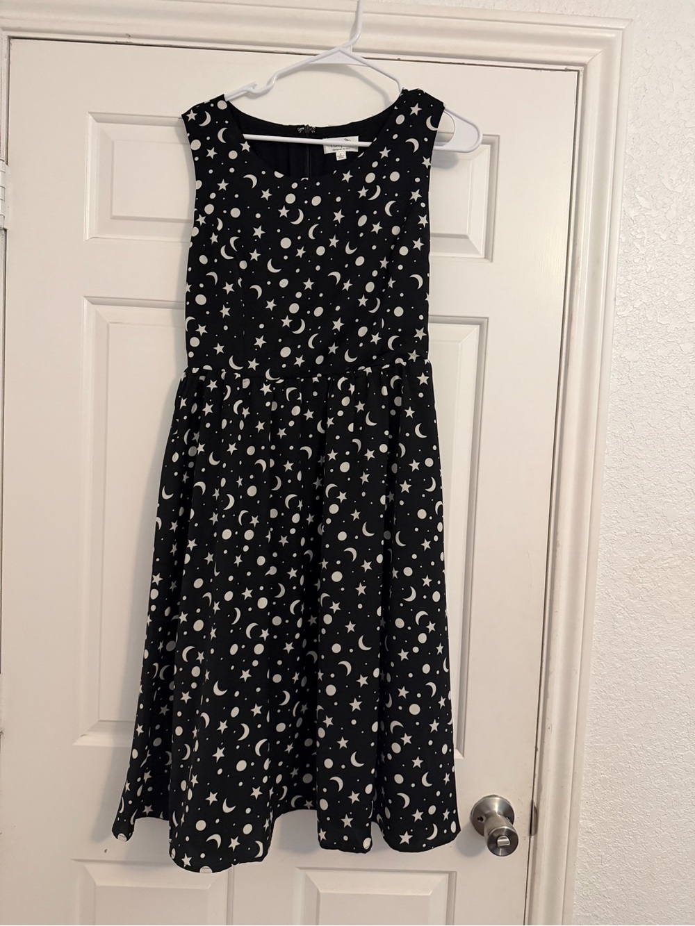 Sleeveless Black Dress with White Moon & Star Print